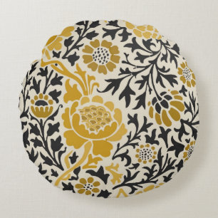 Vintage-style yellow and black floral  pattern round cushion