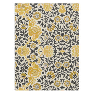 Vintage-style yellow and black floral pattern tablecloth