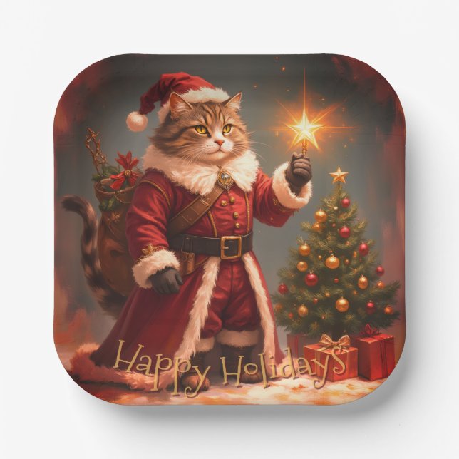 Vintage Styled Christmas Kitty Square Paper Plate (Front)