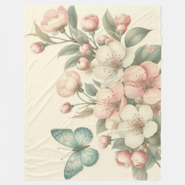 Vintage styled floral/spring butterfly fleece blanket (Front)