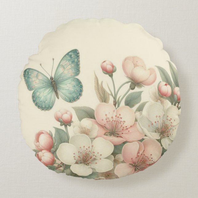 Vintage styled floral/spring butterfly round cushion (Front)