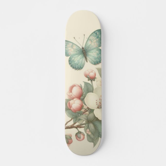 Vintage styled floral/spring butterfly skateboard (Front)
