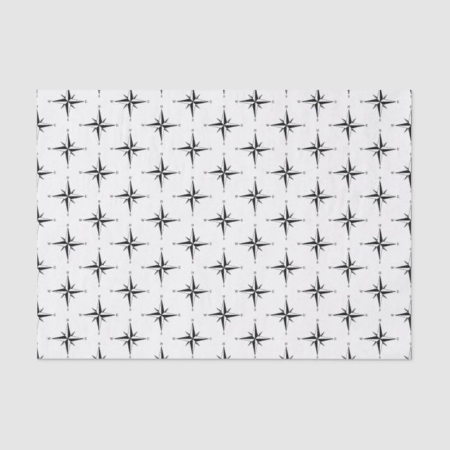 Vintage Stylised Black Compass Rose Drawing Tissue Paper (Front)
