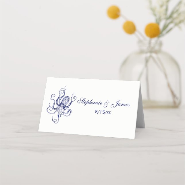 Vintage Stylised Octopus Drawing #1 Blue Place Card (Front)