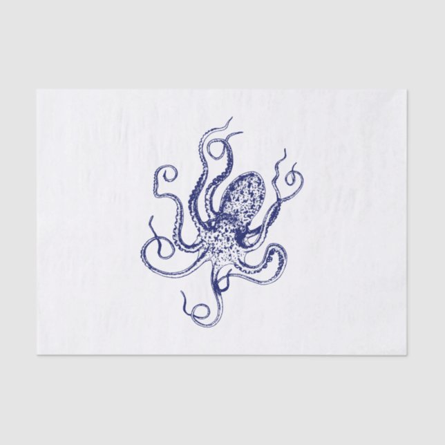 Vintage Stylised Octopus Drawing #1 Blue Tissue Paper (Front)