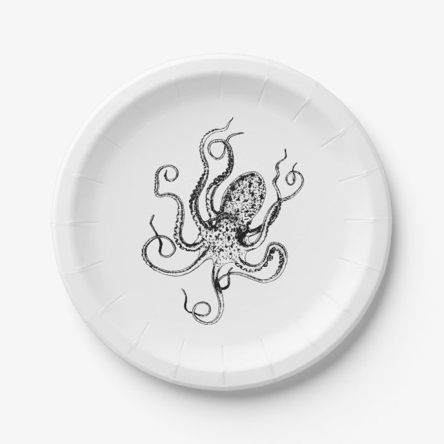 Vintage Stylised Octopus Drawing #1 Paper Plate (Front)
