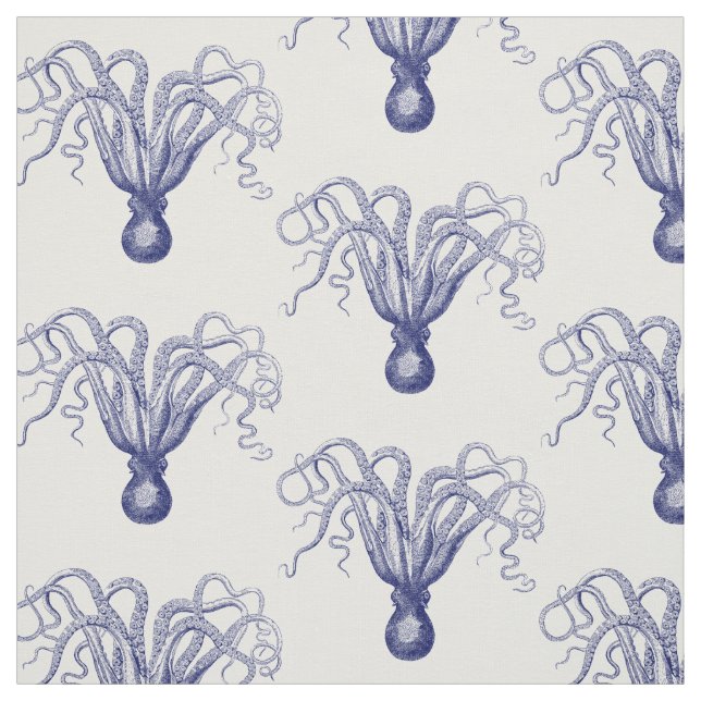 Vintage Stylised Octopus Drawing #8 Blue  Fabric (Swatch)