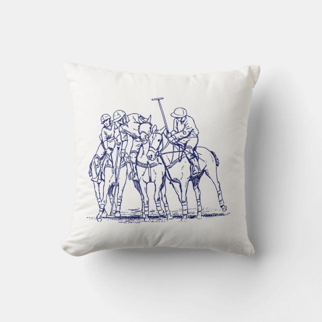 Vintage Stylised Polo Match Drawing #1 Blue Cushion (Front)