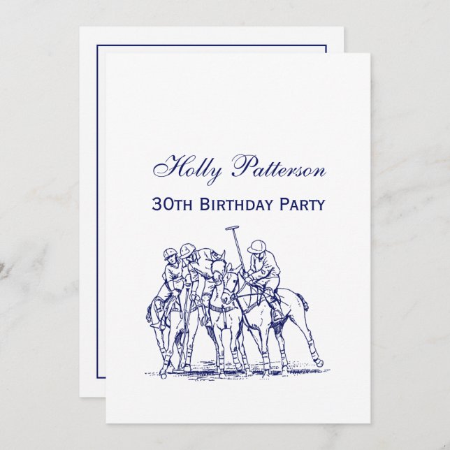 Vintage Stylised Polo Match Drawing #1 Blue Invitation (Front/Back)
