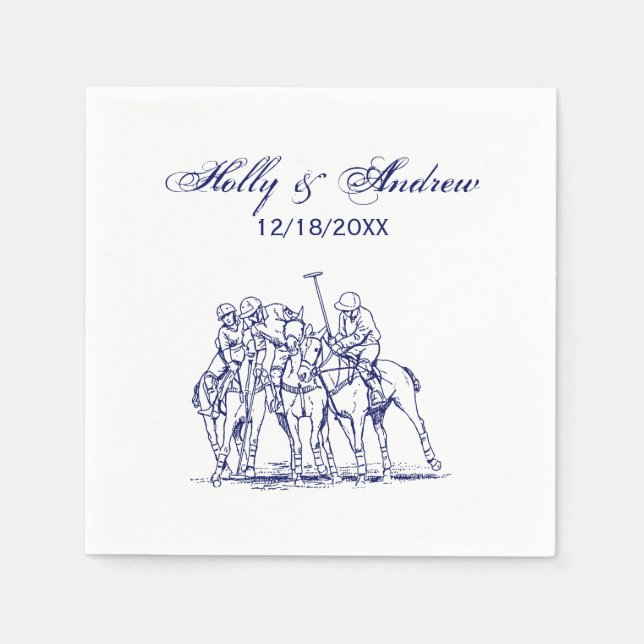 Vintage Stylised Polo Match Drawing #1 Blue Napkin (Front)