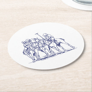 Vintage Stylised Polo Match Drawing #1 Blue Round Paper Coaster