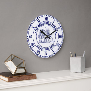 Vintage Stylised Polo Match Drawing #1RN Blue Large Clock