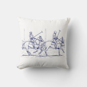 Vintage Stylised Polo Match Drawing #2 Blue  Cushion