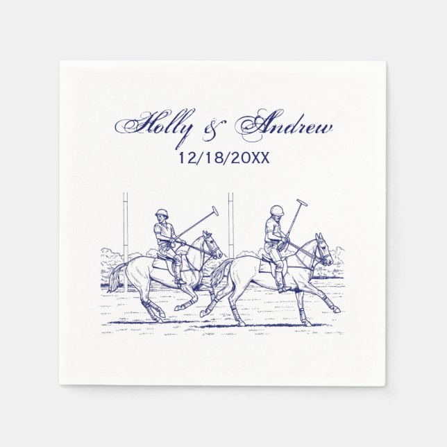 Vintage Stylised Polo Match Drawing #2 Blue Napkin (Front)