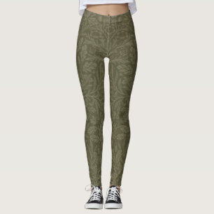 Vintage Stylized Oak Leaves Acorns and Flowers Leggings