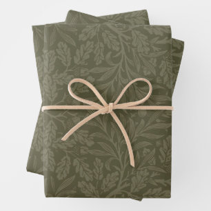 Vintage Stylized Oak Leaves Acorns and Flowers Wrapping Paper Sheet