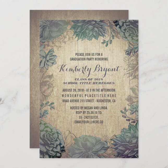 Vintage Succulents Rustic Wood Graduation Party Invitation (Front/Back)