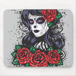 Vintage sugar skull girl with roses v10 mouse pad