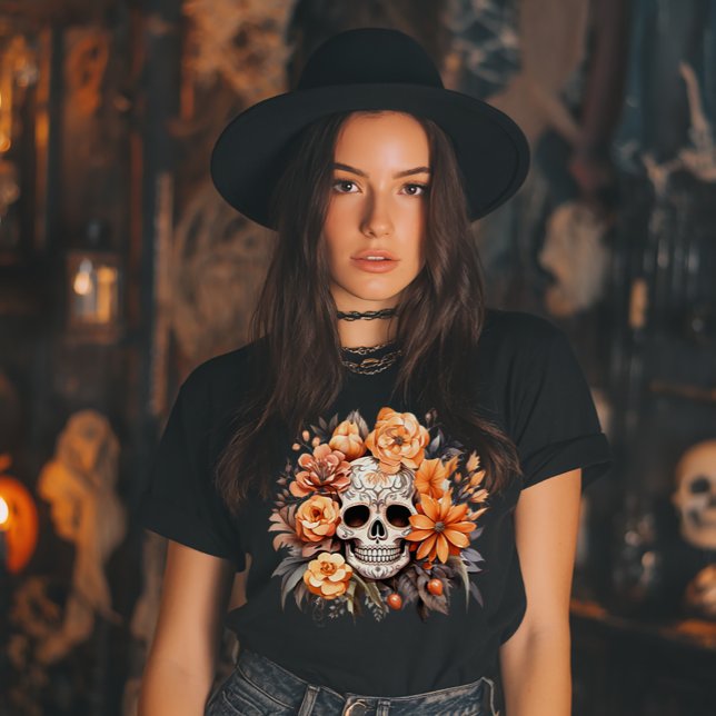 Vintage Sugar Skull Halloween T-Shirt (Halloween Floral Sugar Skull)