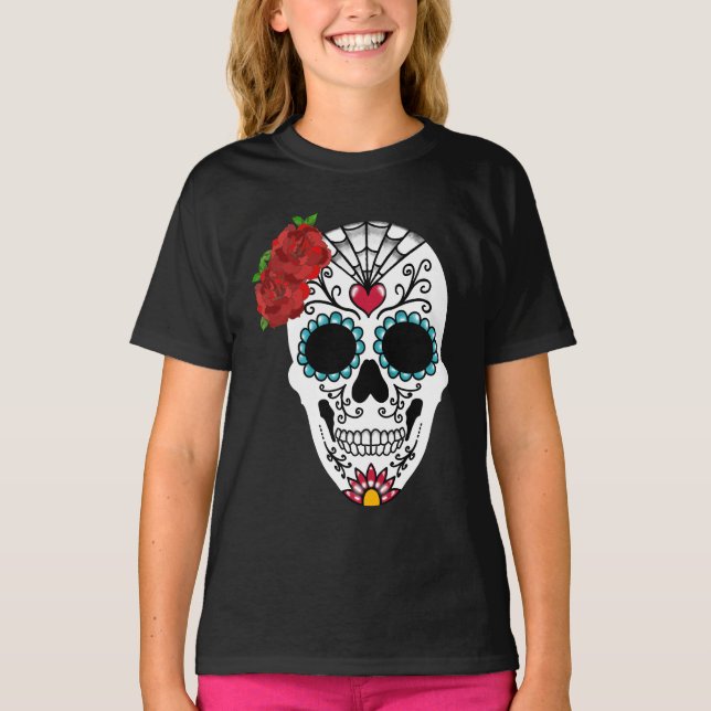 Vintage Sugar Skull Red Roses T-Shirt (Front)