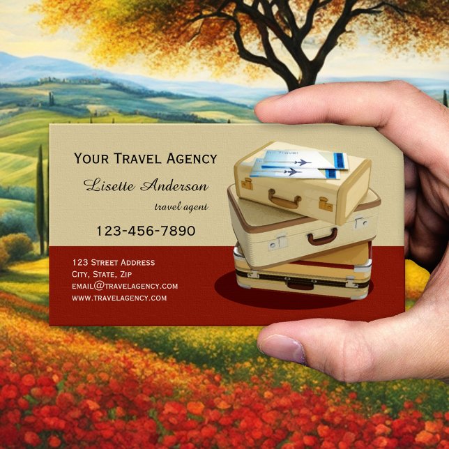 Vintage Suitcase Travel Agency Business Card (Retro style business card featuring suitcases and air tickets. Great for a travel agent.)