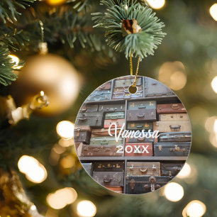 Vintage Suitcase Travel Custom Name Year Ceramic Tree Decoration
