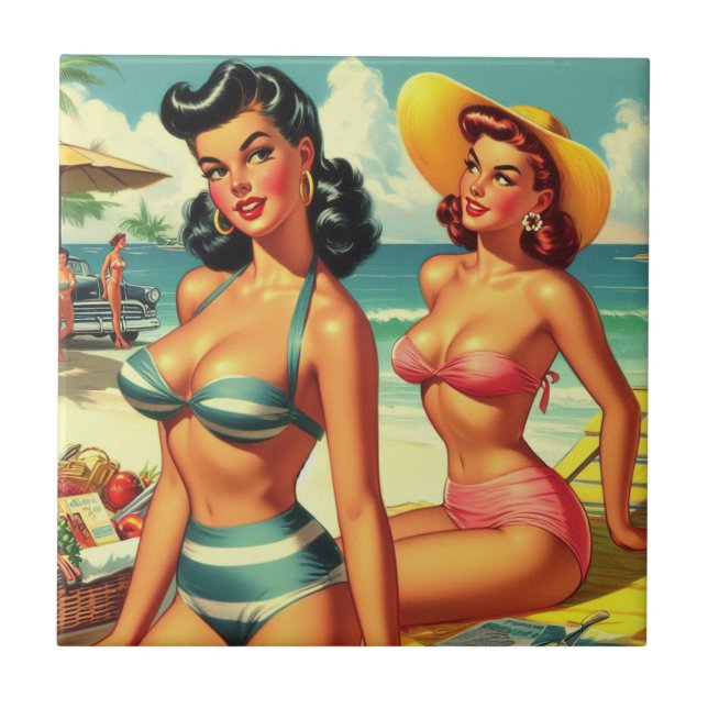 Vintage Summer Beach Pin Ups Tile (Front)