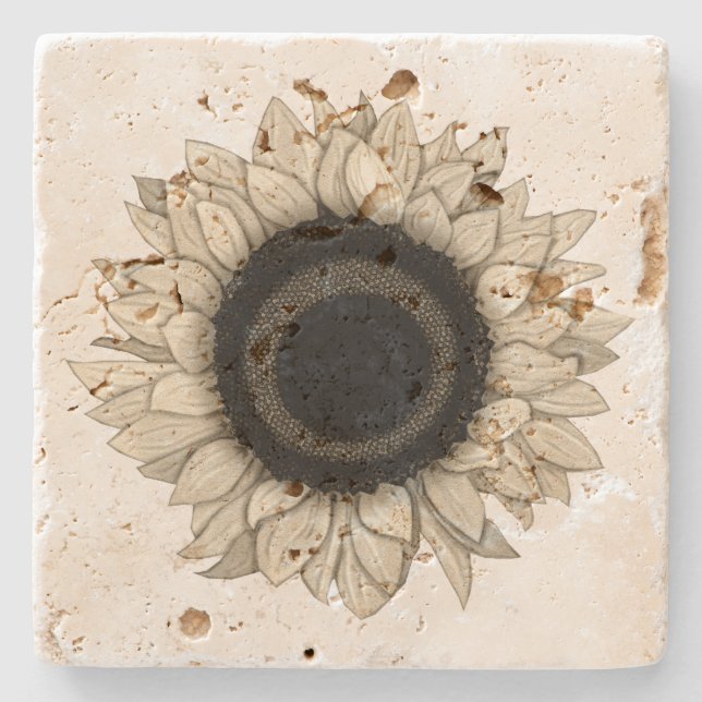 Vintage Summer Bloom Khaki Sunflower Stone Coaster (Front)