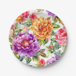 Vintage Summer Bloom Watercolor Florals Paper Plate
