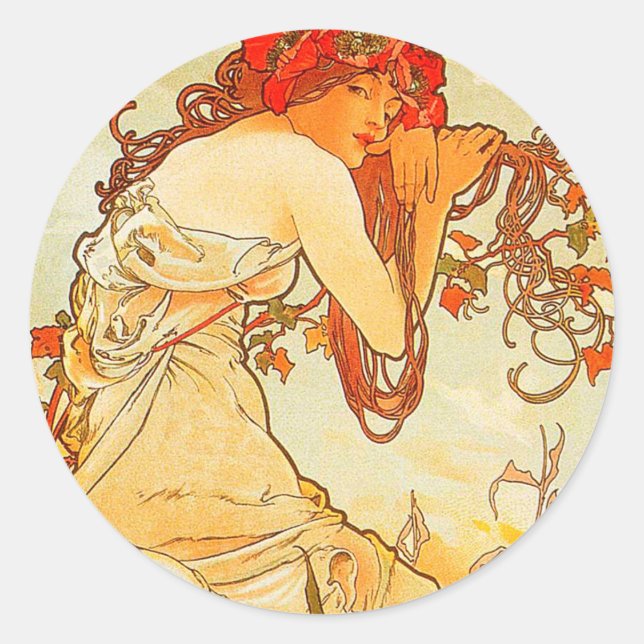 Vintage Summer by Alphonse Mucha Classic Round Sticker (Front)