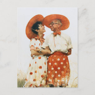 Vintage Summer Couple in Orange Hats Postcard