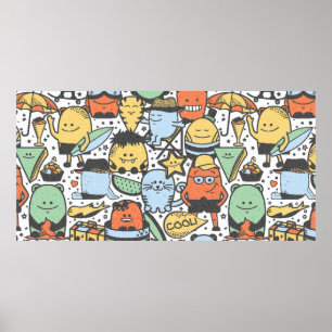 vintage summer seamless pattern with funny monster poster