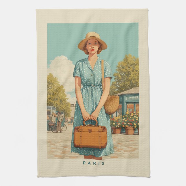 Vintage Summer Stroll in Paris Tea Towel (Vertical)