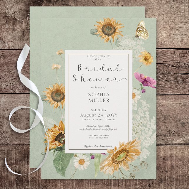 Vintage Summer Sunflower Floral Shower Invitation (Vintage Summer Sunflower Green Bridal Shower Invitation)