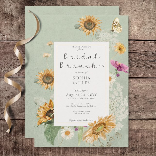 Vintage Summer Sunflower Green Bridal Brunch Invitation (Vintage Sunflower Green Bridal Brunch Invitation)