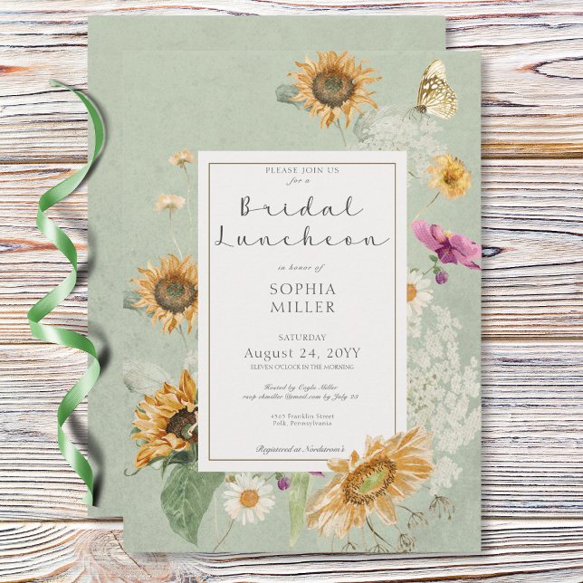 Vintage Summer Sunflower Green Bridal Luncheon Invitation (Vintage Summer Sunflower Green Bridal Luncheon Invitation)