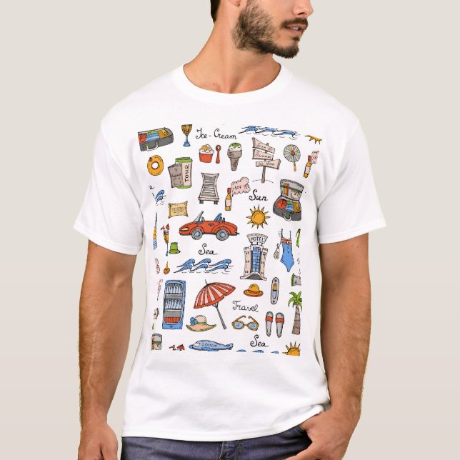 Vintage Summer Symbols Hand-Drawn Pattern T-Shirt (Front)