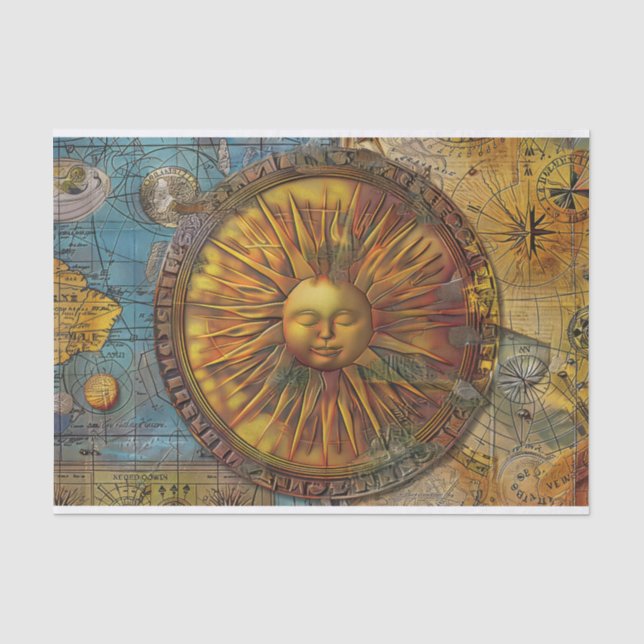 Vintage Sun Map Junk Journal Decoupage Tissue Paper (Front)