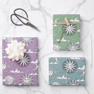 Vintage Sun Moon Celestial Pattern  Wrapping Paper Sheet