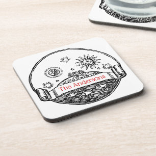 Vintage Sun Moon Stars Ocean Planet Earth Drawing Coaster