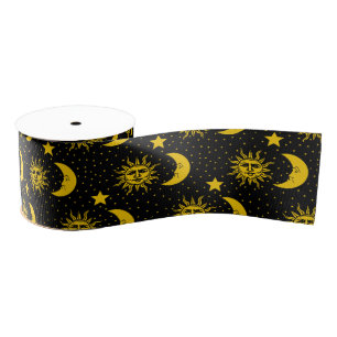 Vintage Sun Moon Stars Pattern Grosgrain Ribbon