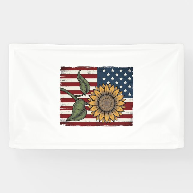 Vintage Sunflower American Flag Banner (Horizontal)