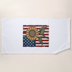 Vintage Sunflower American Flag Beach Towel