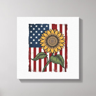 Vintage Sunflower American Flag Canvas Print