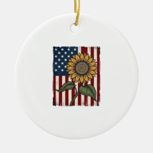 Vintage Sunflower American Flag Ceramic Tree Decoration