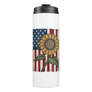 Vintage Sunflower American Flag Thermal Tumbler