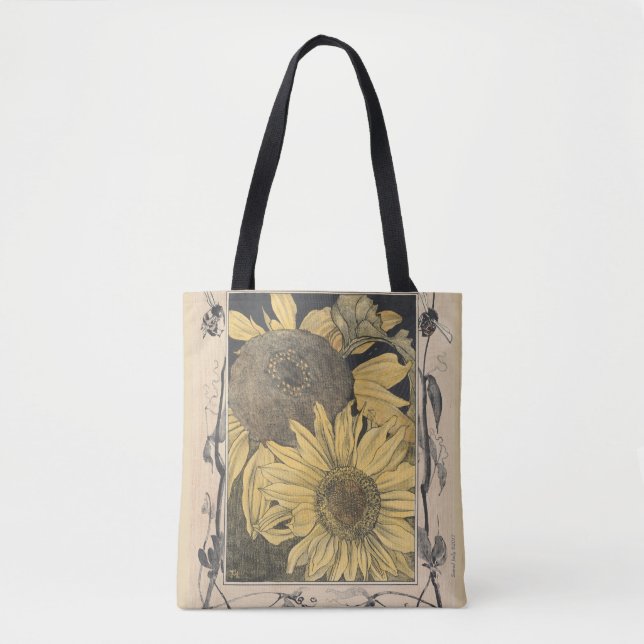 vintage sunflower art, floral design tote bag (Front)