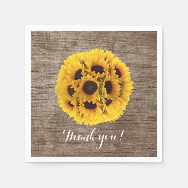 Vintage Sunflower Barn Wood Wedding Thank You Napkin (Front)