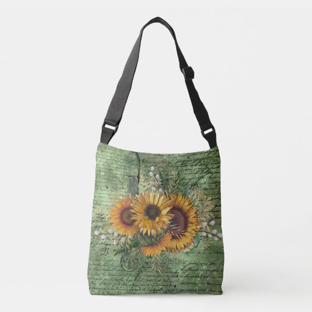 Vintage Sunflower Bouquet Green Ephemera  Crossbody Bag (Front)