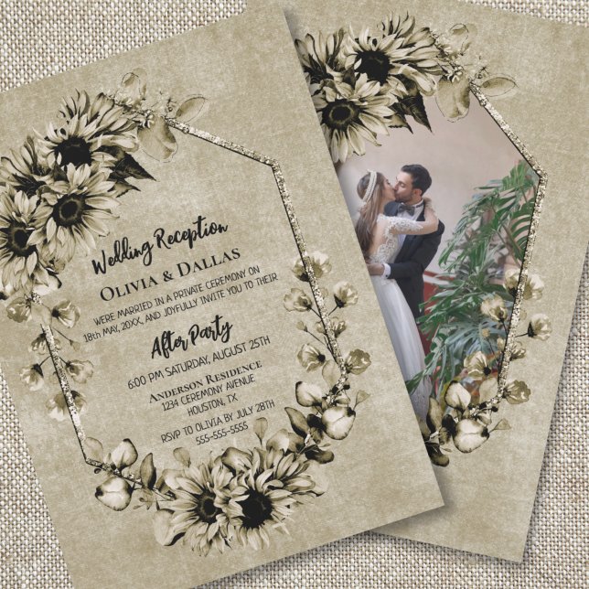 Vintage Sunflower Floral Photo Wedding Reception Invitation (Creator Uploaded)